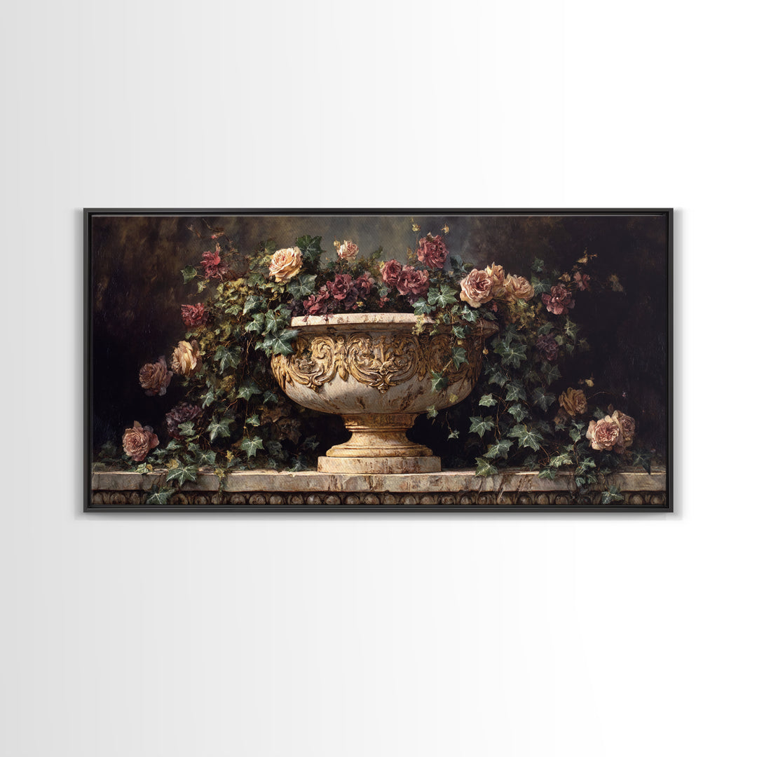Garden Urn with Roses and Ivy Framed Canvas Print, Traditional Art, Digital Print, Living Room Decor, Watercolor Art, Classic, TRA-2x1-92