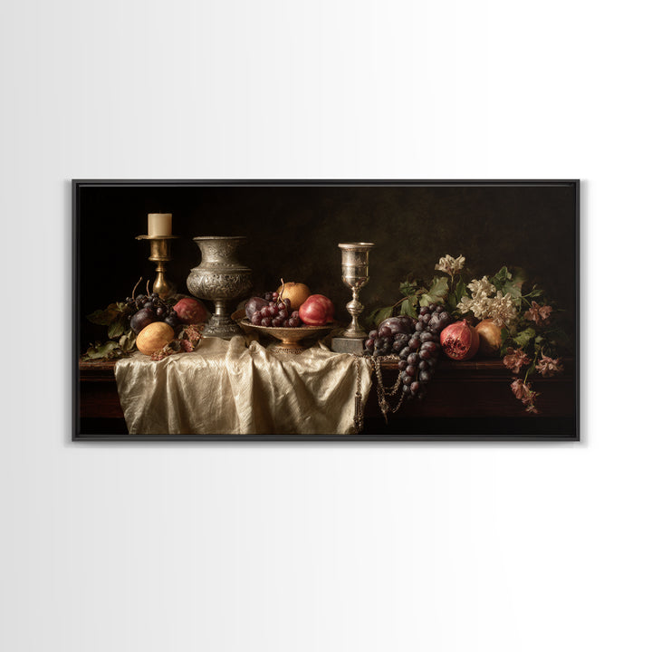 Dutch Fruit and Silver Goblet Still Life Framed Canvas Print, Traditional Art, Furry Art, Living Room Decor, Oil Painting, TRA-2x1-96