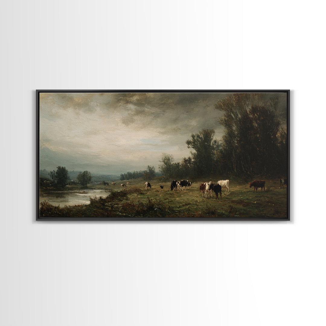 Pastoral Countryside with Cows in Field Framed Canvas Print, Traditional Art, Japanese Art, Living Room Decor, Classic, TRA-2x1-99