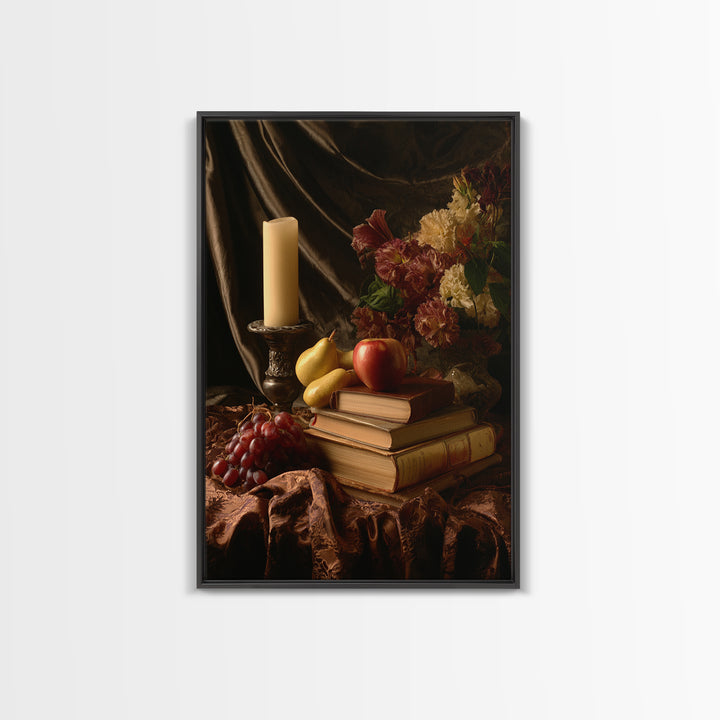 Still Life of Books Candle and Fruit Framed Canvas Print, Traditional Art, Painting, Living Room Decor, Fine Art, Classic, TRA-2x3-100