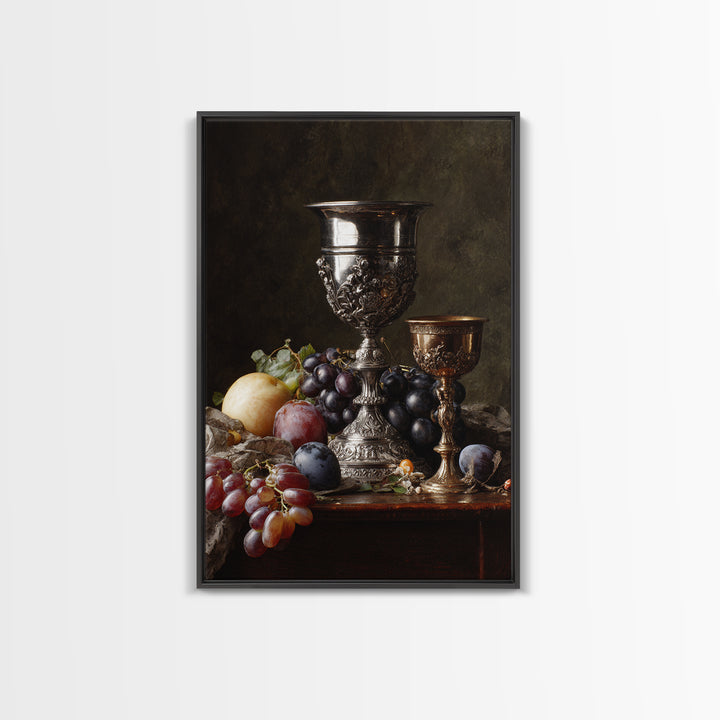 Dutch Fruit and Silver Goblet Still Life Framed Canvas Print, Traditional Art, Living Room Decor, Oil Painting, Classic, TRA-2x3-12