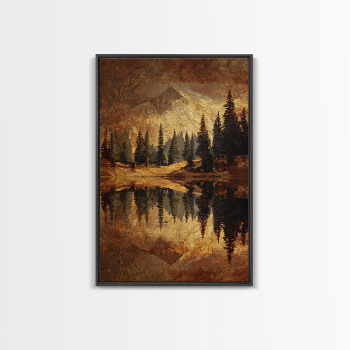 Mountain Lake with Pine Forest Reflection Framed Canvas Print, Traditional Art, Wall Hanging, Living Room Decor, Classic, TRA-2x3-17