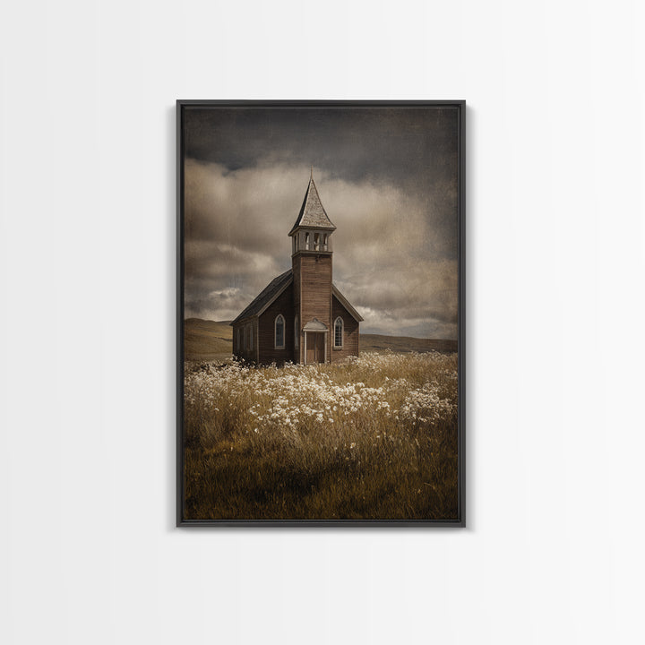 Church Steeple Across Rural Meadow Framed Canvas Print, Traditional Art, Art Print, Living Room Decor, Fine Art, Classic, TRA-2x3-21