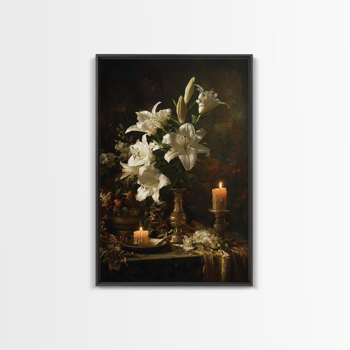 White Lilies on Dark Background Canvas Print, Traditional Art, Decor, Living Room Decor, Fine Art, Classic, Japanese Art, TRA-2x3-23