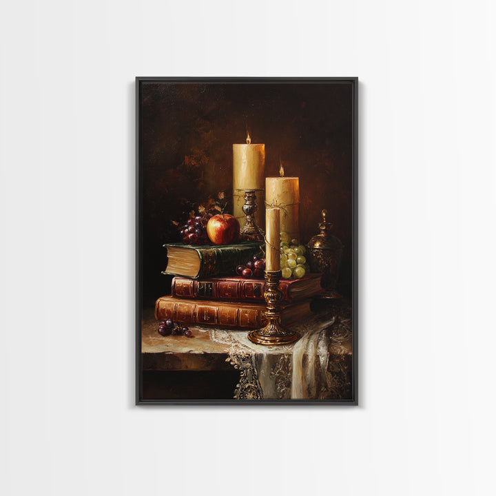 Still Life of Books Candle and Fruit Framed Canvas Print, Traditional Art, Watercolor Art, Living Room Decor, Fine Art, Classic, TRA-2x3-28