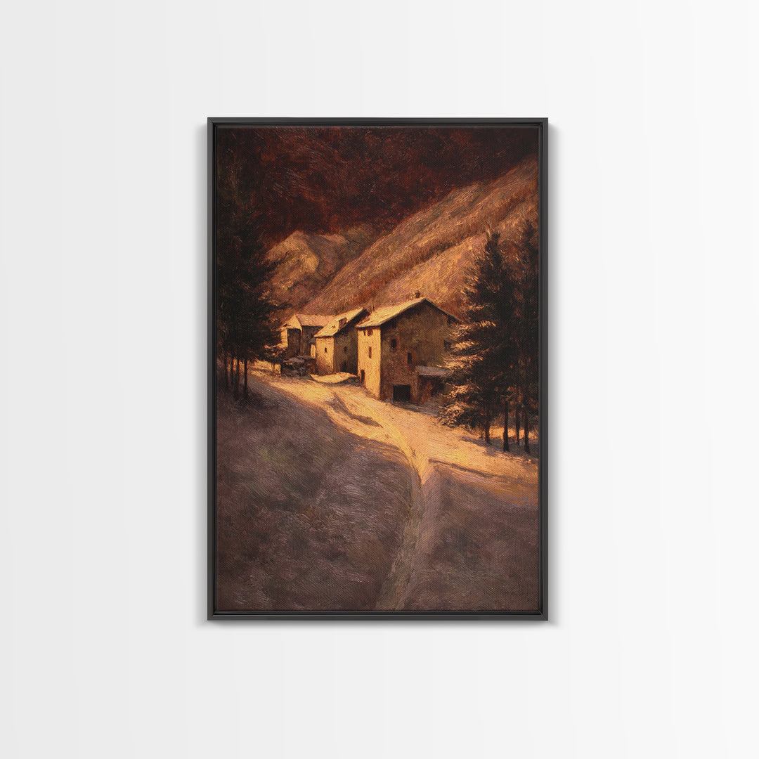 Snowy Village Landscape at Twilight Framed Canvas Print, Traditional Art, Room Decor, Living Room Decor, Fine Art, Classic, TRA-2x3-3