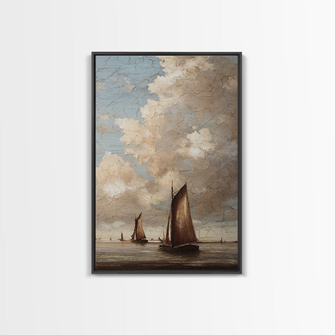 Seascape with Sailboats and Cloudy Sky Framed Canvas Print, Traditional Art, Boho, Living Room Decor, Fine Art, Classic, TRA-2x3-37