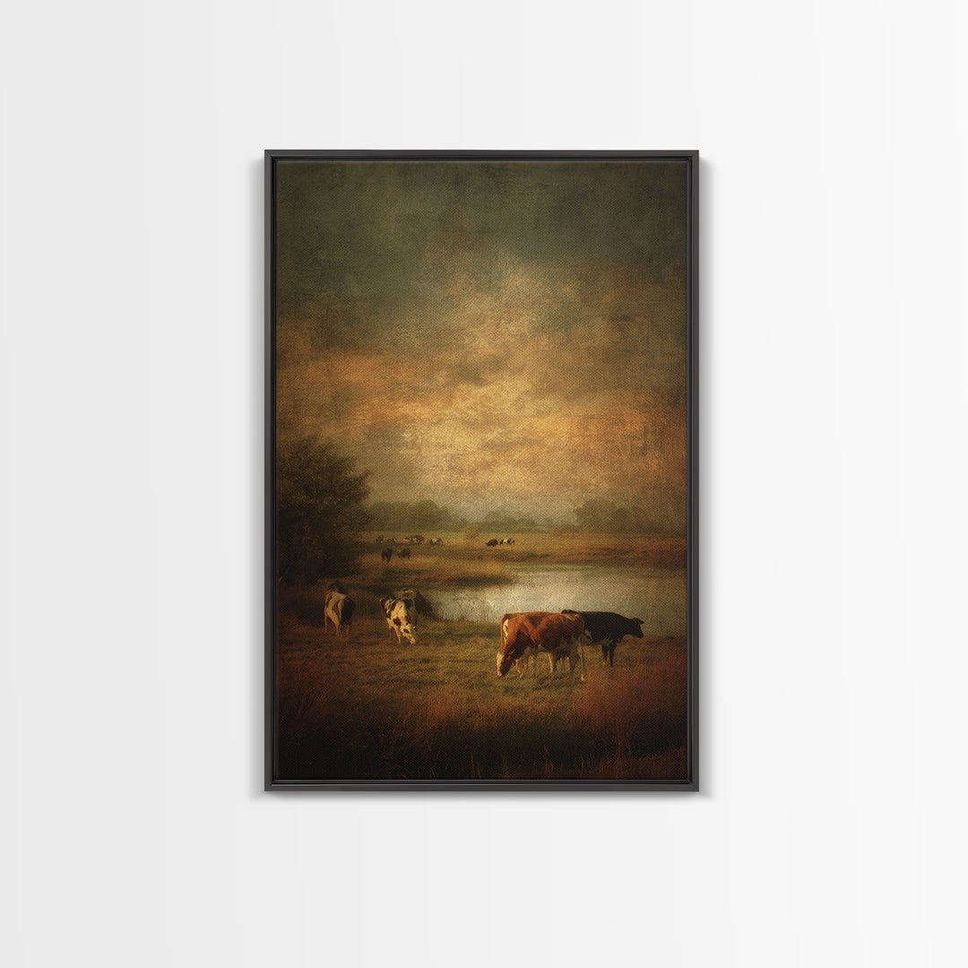 Pastoral Countryside with Cows in Field Canvas Print, Traditional Art, Art Commission, Living Room Decor, Fine Art, Classic, TRA-2x3-39