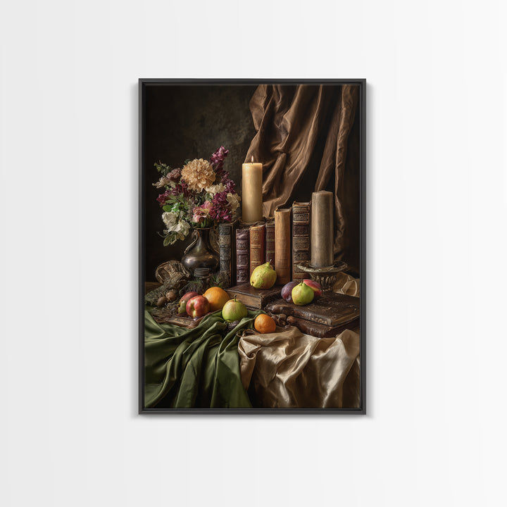 Still Life of Books Candle and Fruit Framed Canvas Print, Traditional Art, Contemporary Art, Living Room Decor, Classic, TRA-2x3-4