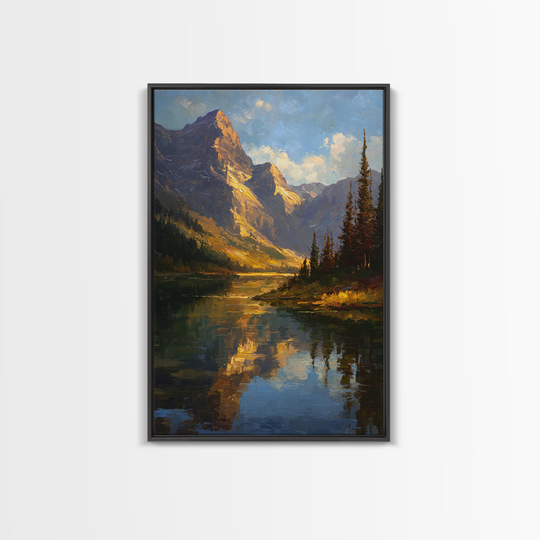 Mountain Lake with Pine Forest Reflection Framed Canvas Print, Traditional Art, Wall Hanging, Living Room Decor, Classic, TRA-2x3-41