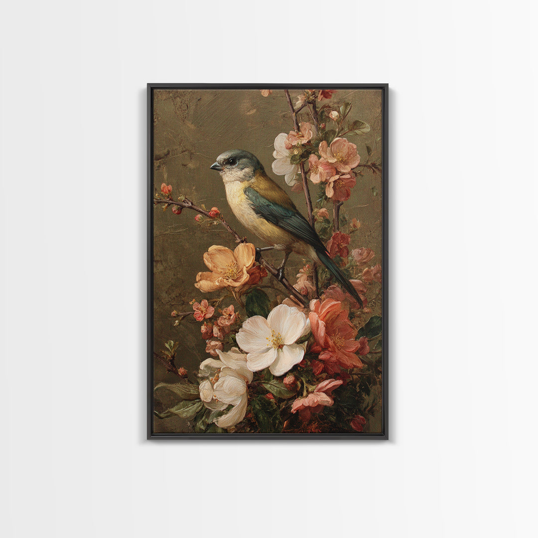 Bird Study on a Flowering Branch Framed Canvas Print, Traditional Art, Home Decor, Living Room Decor, Fine Art, Classic, TRA-2x3-42