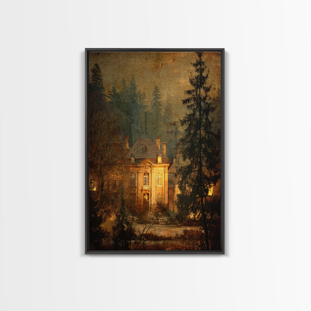 Snowy Village Landscape at Twilight Framed Canvas Print, Traditional Art, Art Print, Living Room Decor, Fine Art, Classic, TRA-2x3-51