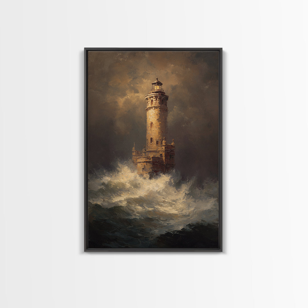 Lighthouse with Crashing Waves Framed Canvas Print, Traditional Art, Digital Print, Living Room Decor, Oil Painting, Classic, TRA-2x3-53