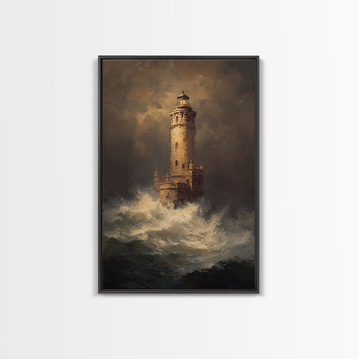 Lighthouse with Crashing Waves Framed Canvas Print, Traditional Art, Digital Print, Living Room Decor, Oil Painting, Classic, TRA-2x3-53