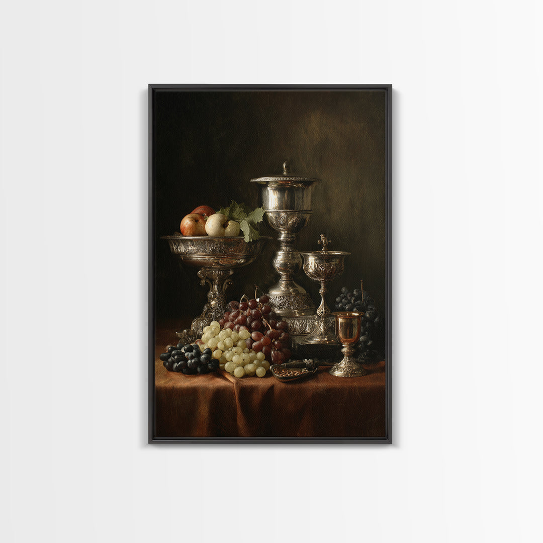 Dutch Fruit and Silver Goblet Still Life Framed Canvas Print, Traditional Art, Art Commission, Living Room Decor, Classic, TRA-2x3-60