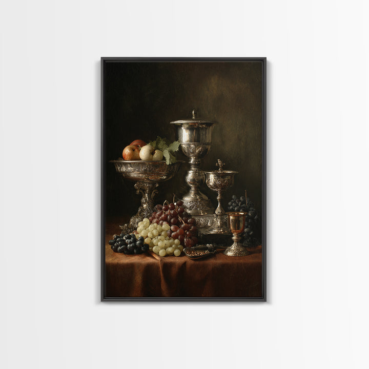 Dutch Fruit and Silver Goblet Still Life Framed Canvas Print, Traditional Art, Art Commission, Living Room Decor, Classic, TRA-2x3-60