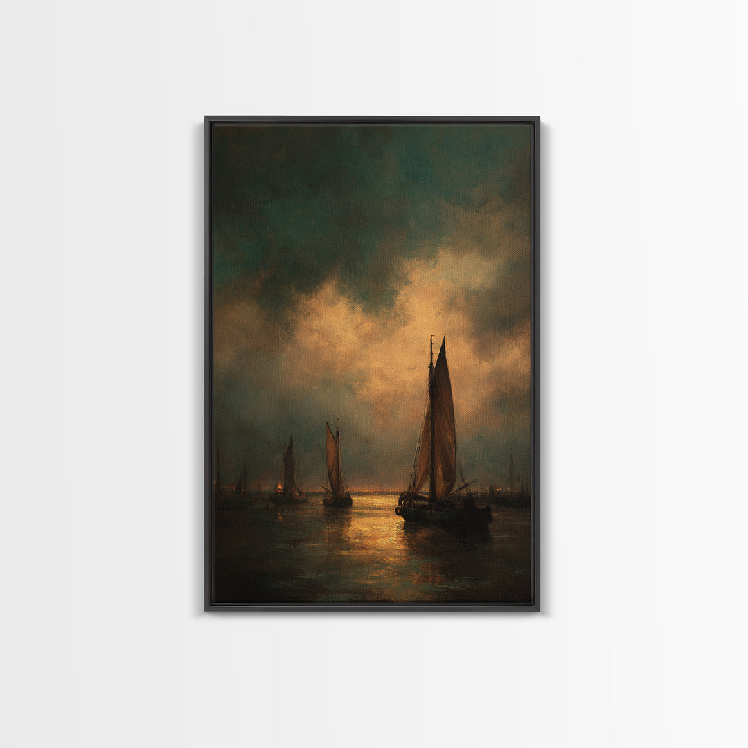 Seascape with Sailboats and Cloudy Sky Canvas Print, Traditional Art, Living Room Decor, Fine Art, Classic, Dark Art, TRA-2x3-61