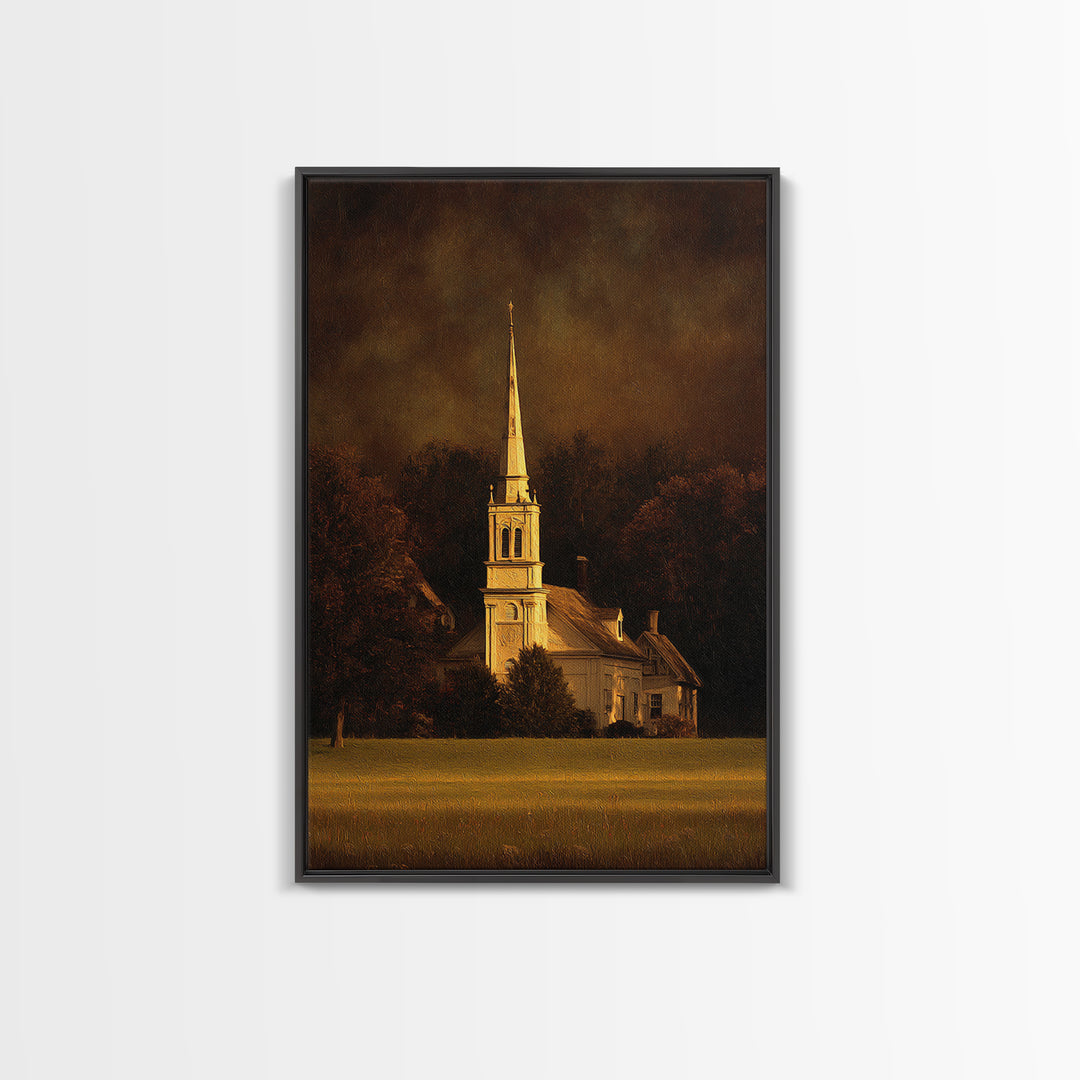 Church Steeple Across Rural Meadow Framed Canvas Print, Traditional Art, Japanese Art, Living Room Decor, Fine Art, Classic, TRA-2x3-69