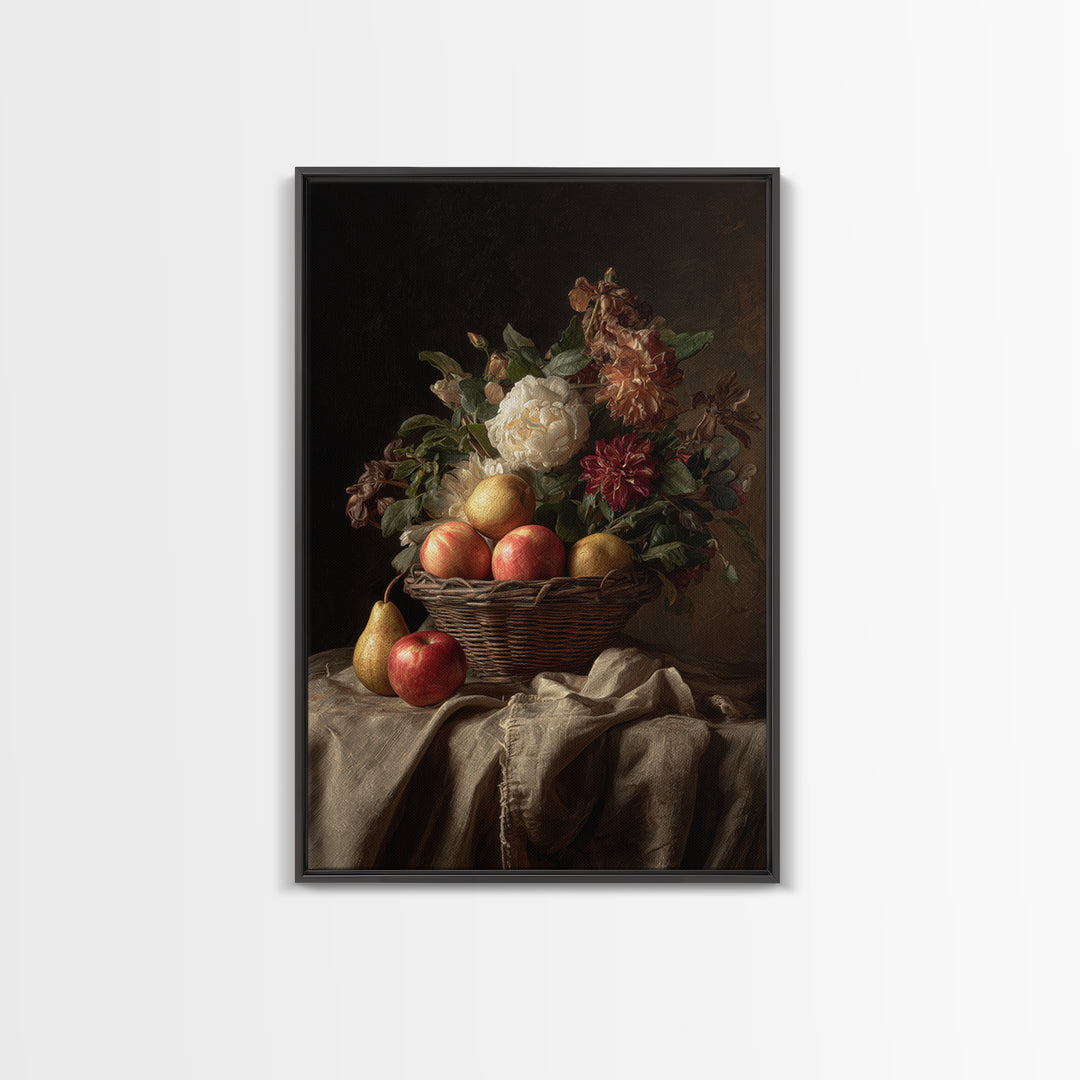 Basket of Apples and Pears on Linen Framed Canvas Print, Traditional Art, Canvas, Living Room Decor, Abstract Art, Classic, TRA-2x3-74