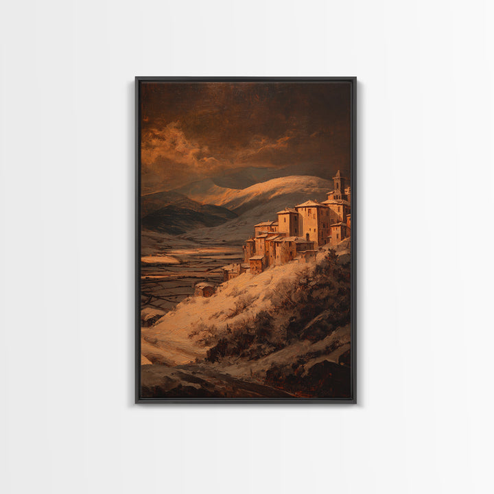 Snowy Village Landscape at Twilight Framed Canvas Print, Traditional Art, Japanese Art, Living Room Decor, Fine Art, Classic, TRA-2x3-75