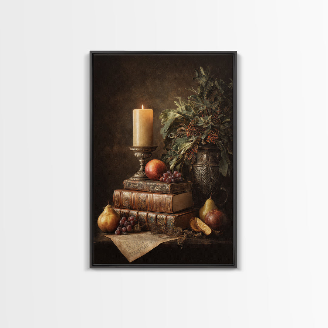Still Life of Books Candle and Fruit Framed Canvas Print, Traditional Art, Indian Decor, Living Room Decor, Fine Art, Classic, TRA-2x3-76