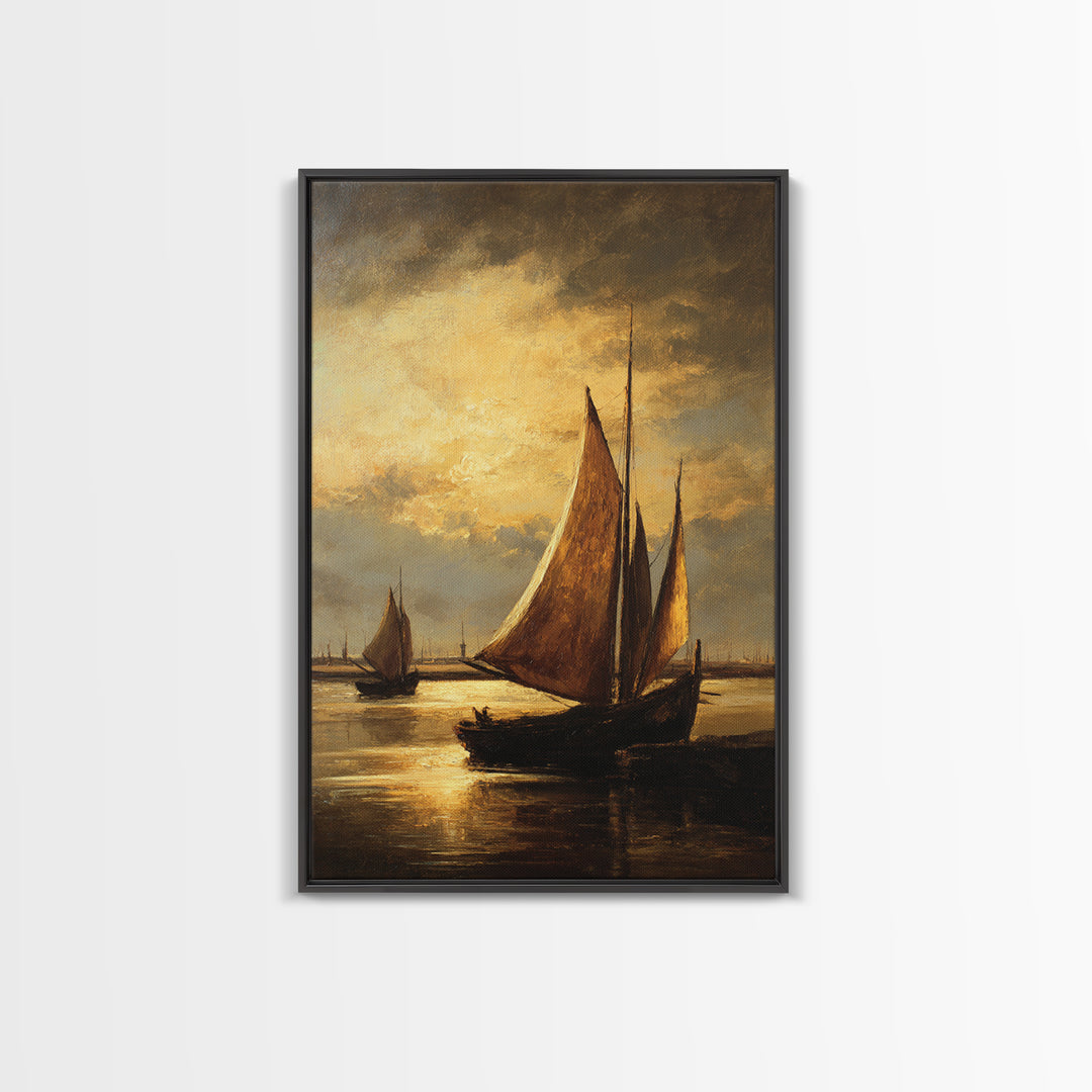 Seascape with Sailboats and Cloudy Sky Framed Canvas Print, Traditional Art, Watercolor Art, Living Room Decor, Classic, TRA-2x3-85