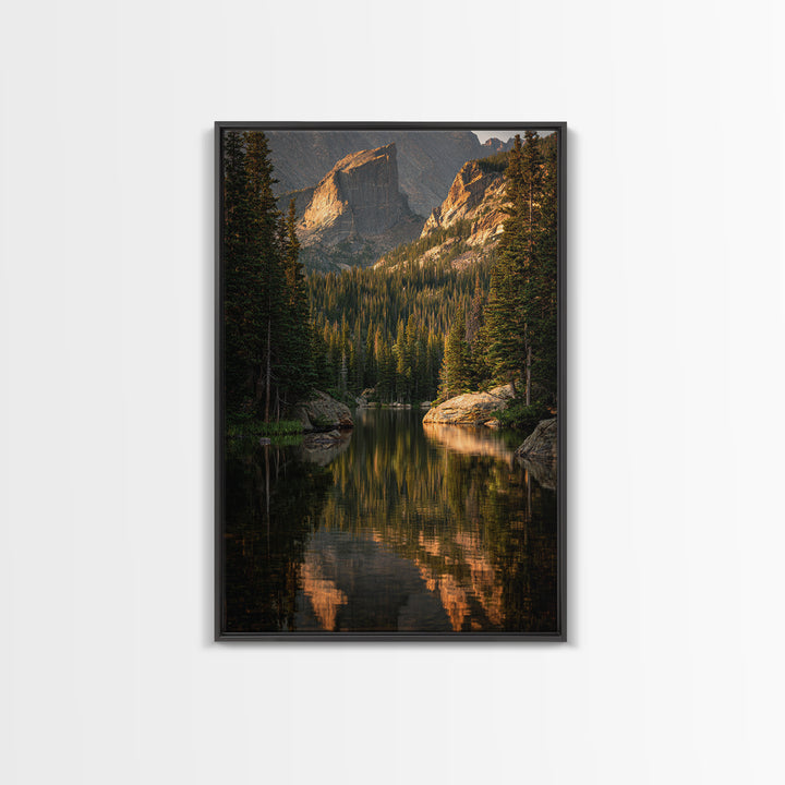 Mountain Lake with Pine Forest Reflection Framed Canvas Print, Traditional Art, Indian Wall Art, Living Room Decor, Classic, TRA-2x3-89