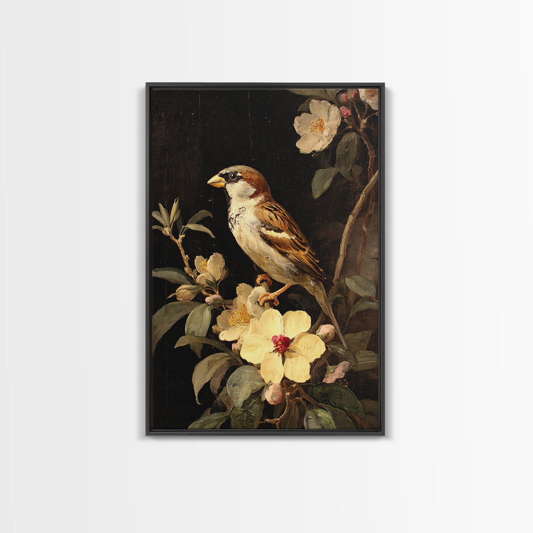 Bird Study on a Flowering Branch Framed Canvas Print, Traditional Art, Artwork, Living Room Decor, Oil Painting, Classic, TRA-2x3-90
