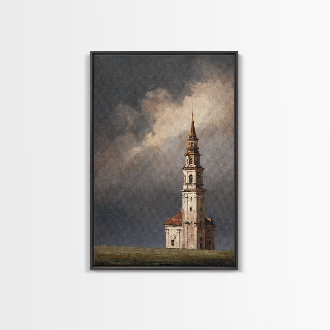Church Steeple Across Rural Meadow Framed Canvas Print, Traditional Art, Japanese Art, Living Room Decor, Fine Art, Classic, TRA-2x3-93