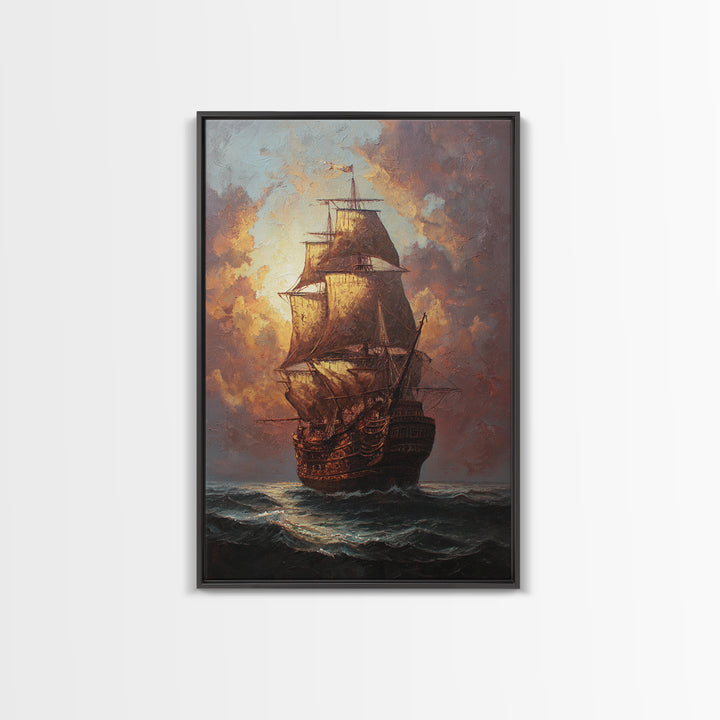 Ship at Sea Framed Canvas Print, Traditional Art, Original Art, Living Room Decor, Fine Art, Classic, Landscape, Indian Art, TRA-2x3-94
