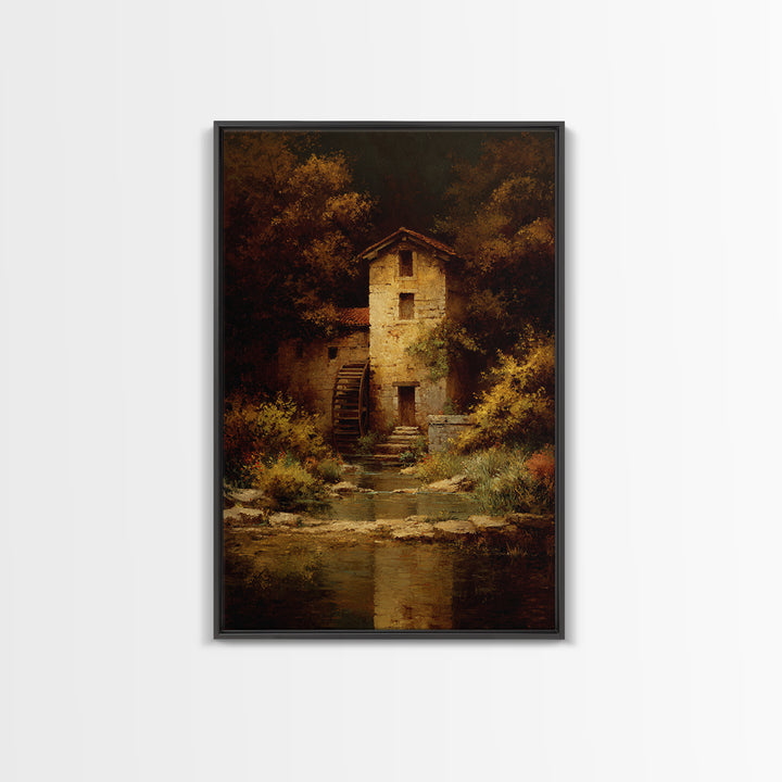 Watermill Beside a Quiet Stream Framed Canvas Print, Traditional Art, Canvas Print, Living Room Decor, Fine Art, Classic, TRA-2x3-97