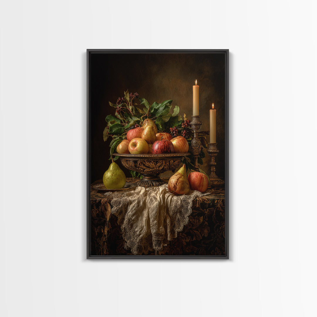 Basket of Apples and Pears on Linen Framed Canvas Print, Traditional Art, Canvas, Living Room Decor, Abstract Art, Classic, TRA-2x3-98