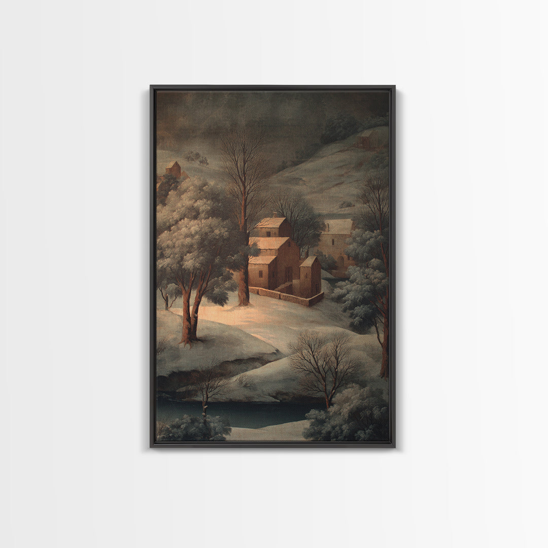 Snowy Village Landscape at Twilight Canvas Print, Traditional Art, Japanese Decor, Living Room Decor, Fine Art, Classic, TRA-2x3-99
