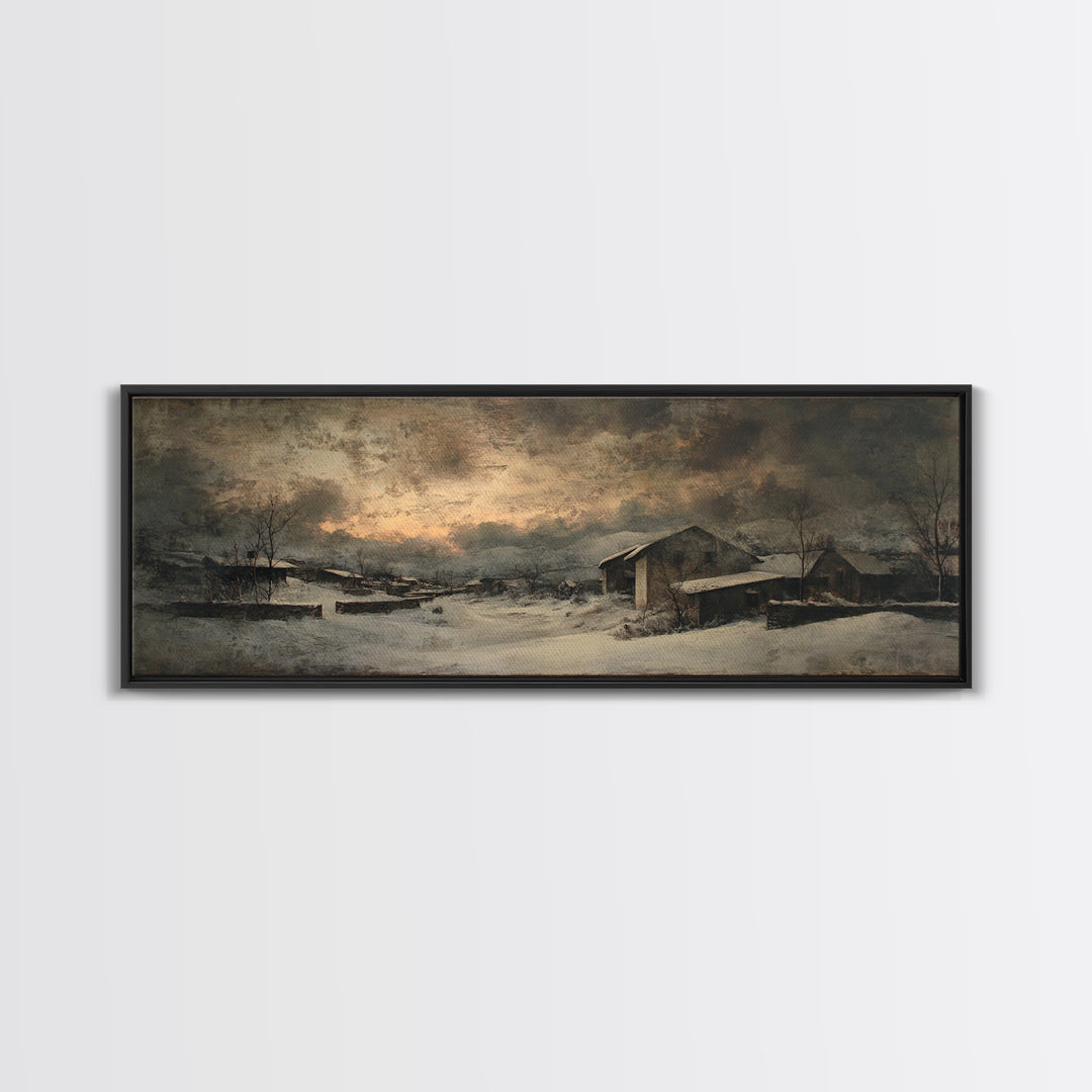 Snowy Village Landscape at Twilight Canvas Print, Traditional Art, Pokemon Poster, Living Room Decor, Watercolor Art, Classic, TRA-3x1-11