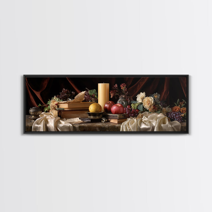 Still Life of Books Candle and Fruit Framed Canvas Print, Traditional Art, Indian Decor, Living Room Decor, Fine Art, Classic, TRA-3x1-12