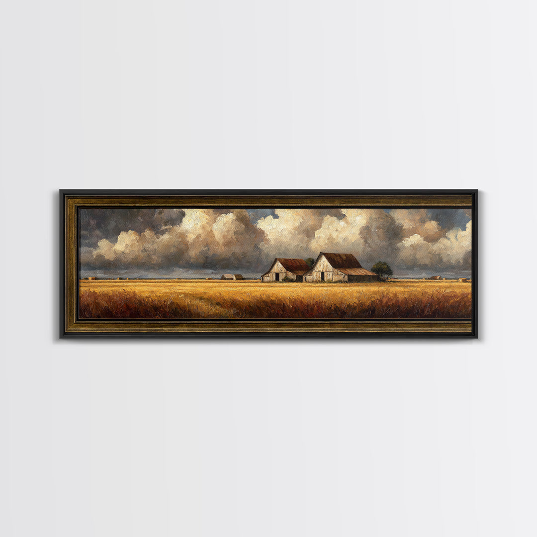 Barn and Farmland Framed Canvas Print, Traditional Art, Gallery Decor, Living Room Decor, Fine Art, Classic, Wall Art, TRA-3x1-15