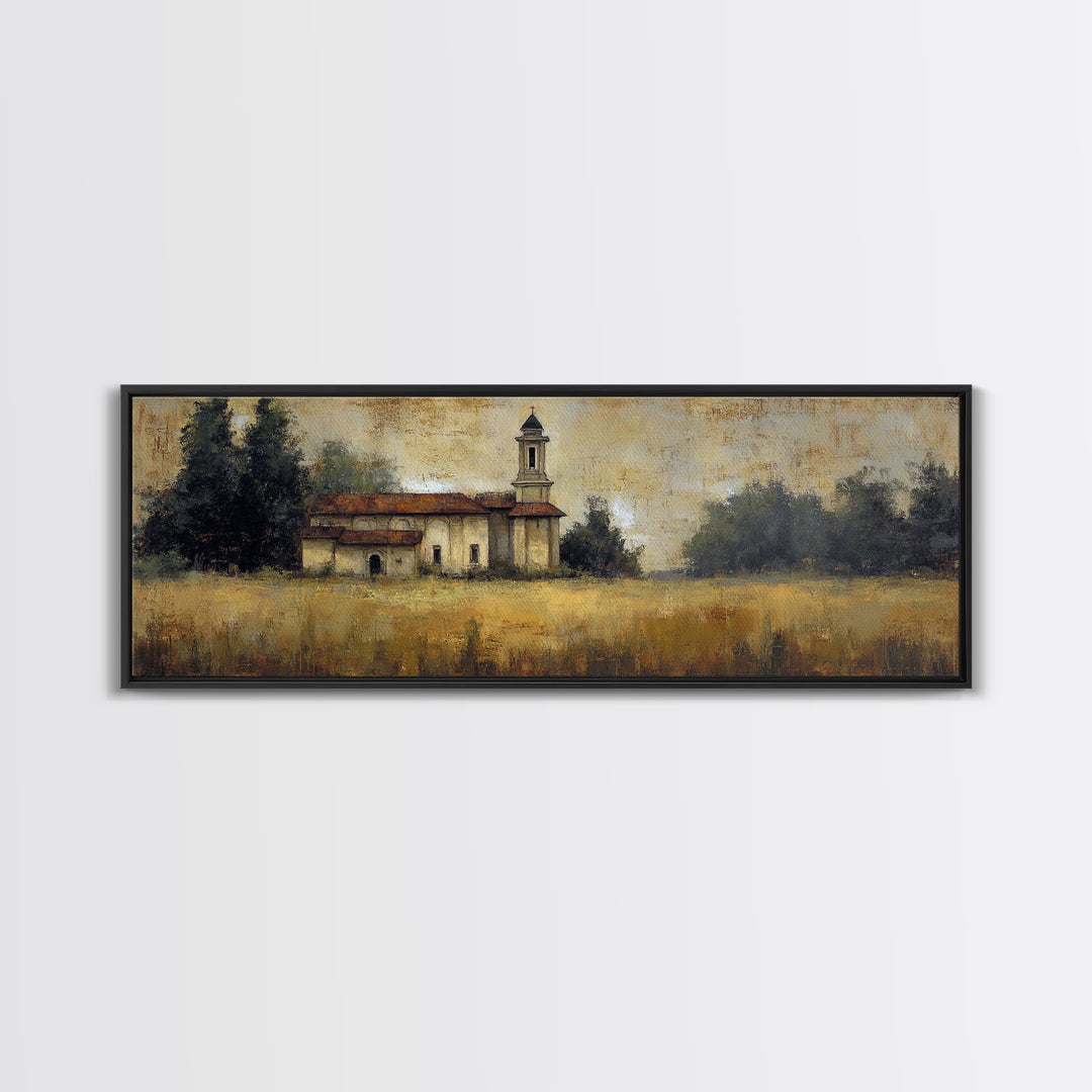 Church Steeple Across Rural Meadow Canvas Print, Traditional Art, Furry Art, Living Room Decor, Classic, Fine Art Print, TRA-3x1-29