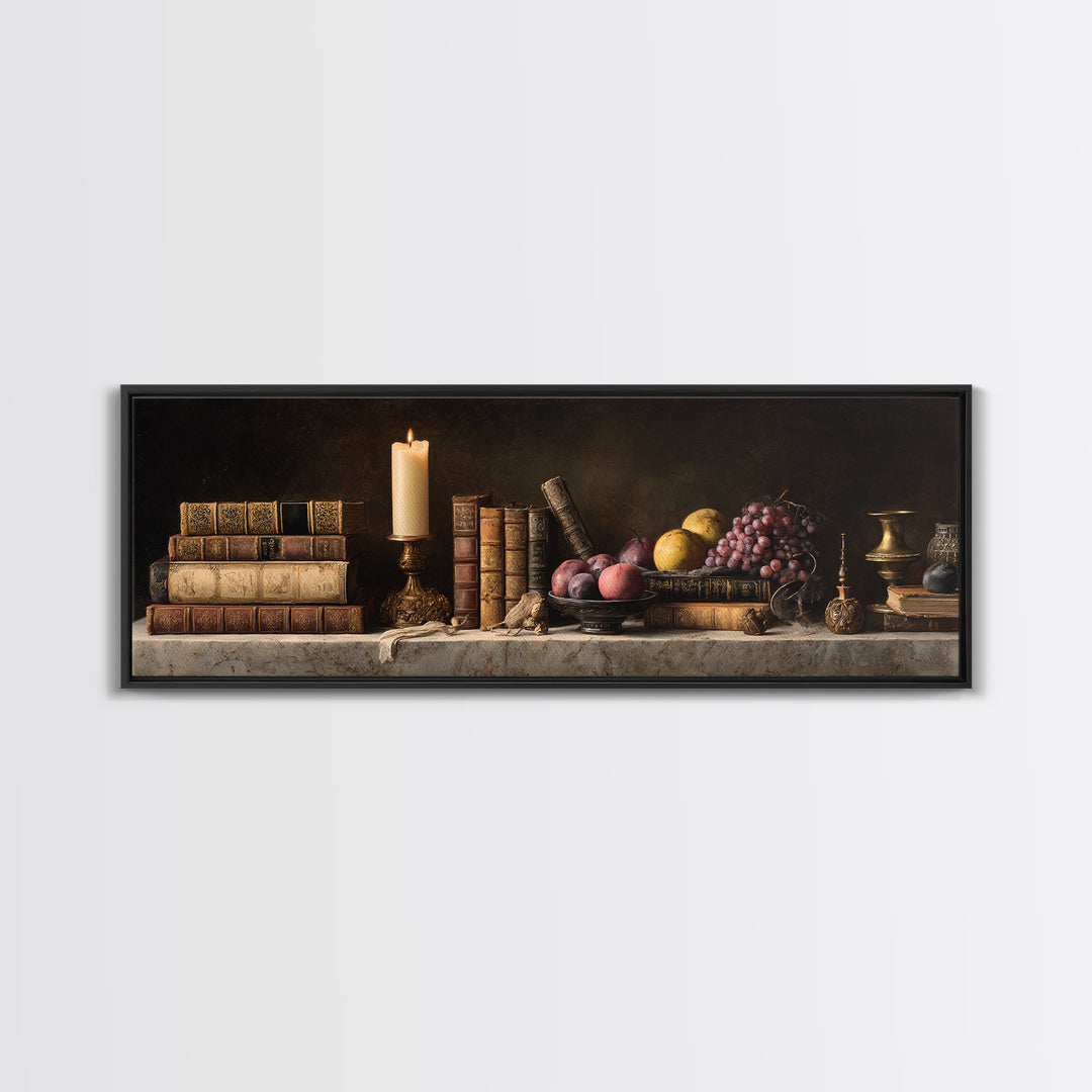 Still Life of Books Candle and Fruit Canvas Print, Traditional Art, Gallery Decor, Living Room Decor, Fine Art, Classic, TRA-3x1-36