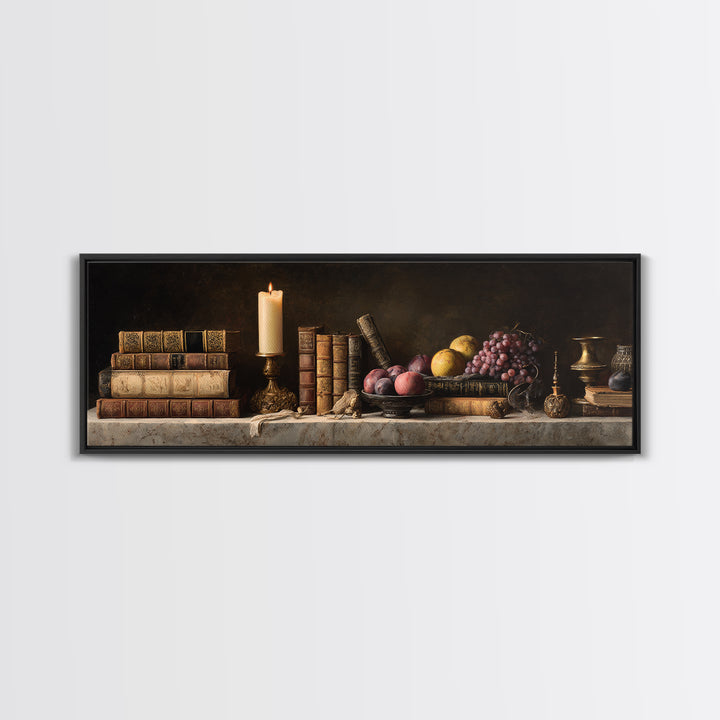 Still Life of Books Candle and Fruit Canvas Print, Traditional Art, Gallery Decor, Living Room Decor, Fine Art, Classic, TRA-3x1-36