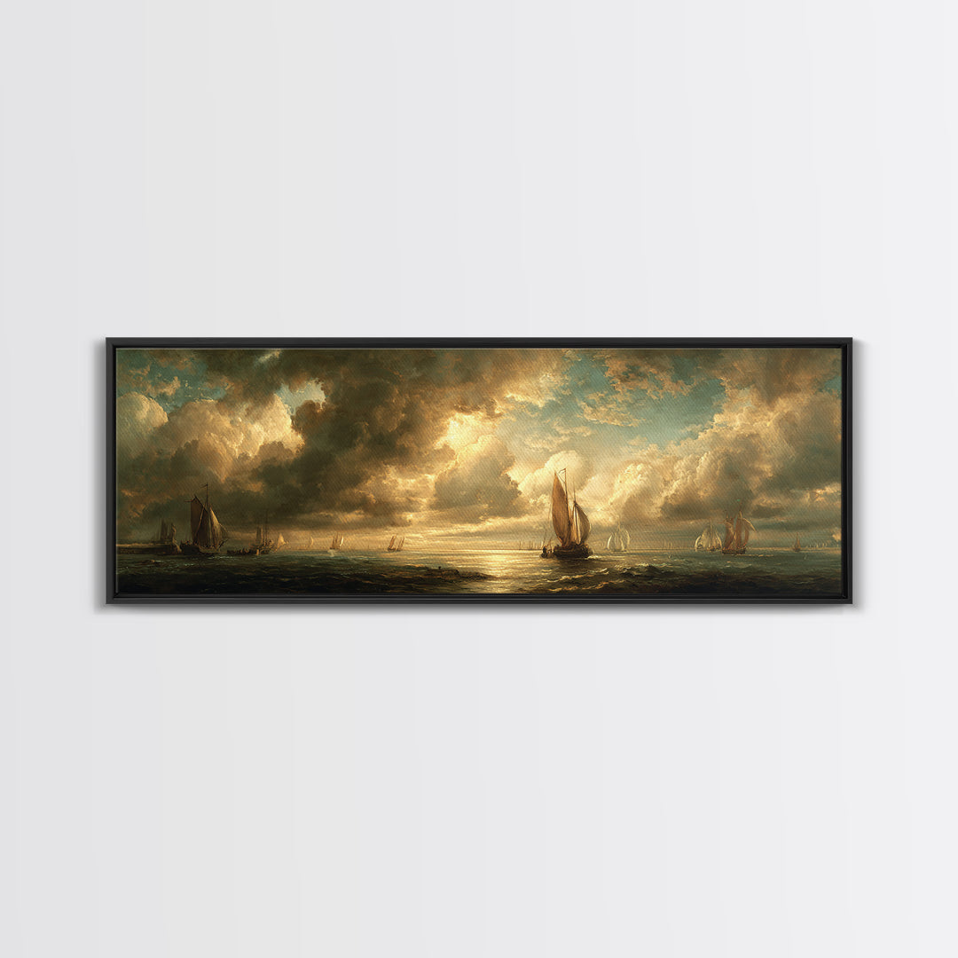Seascape with Sailboats and Cloudy Sky Canvas Print, Traditional Art, Indian Decor, Living Room Decor, Fine Art, Classic, TRA-3x1-45