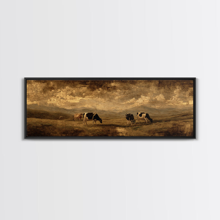 Pastoral Countryside with Cows in Field Framed Canvas Print, Traditional Art, Living Room Decor, Oil Painting, Classic, TRA-3x1-47