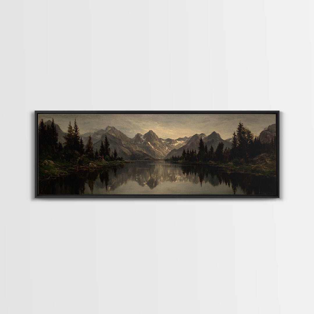 Mountain Lake with Pine Forest Reflection Canvas Print, Traditional Art, Landscape, Living Room Decor, Fine Art, Classic, TRA-3x1-49