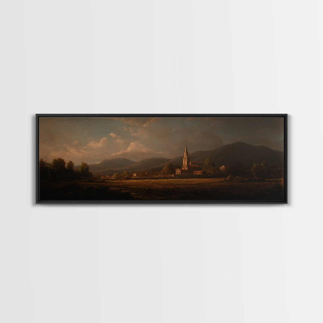 Church Steeple Across Rural Meadow Framed Canvas Print, Traditional Art, Printable Art, Living Room Decor, Watercolor Art, TRA-3x1-5