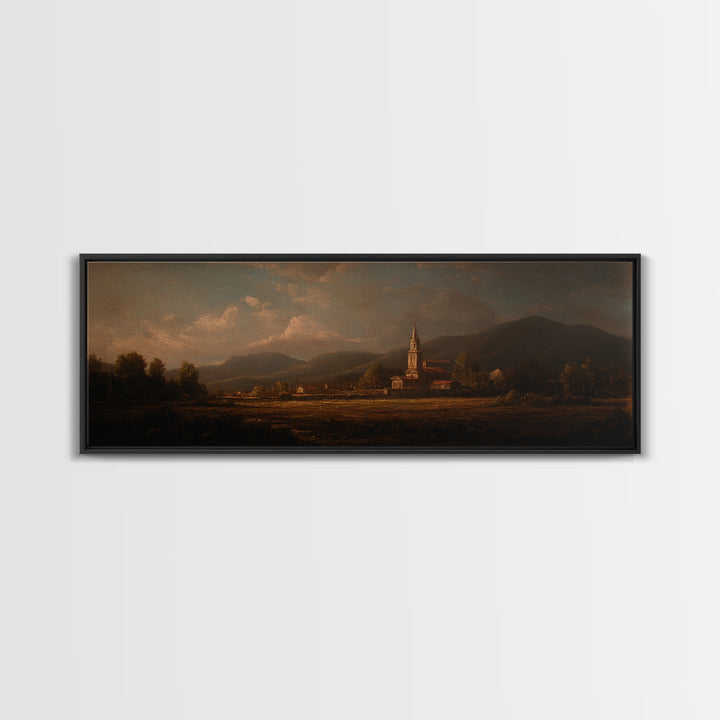 Church Steeple Across Rural Meadow Framed Canvas Print, Traditional Art, Printable Art, Living Room Decor, Watercolor Art, TRA-3x1-5