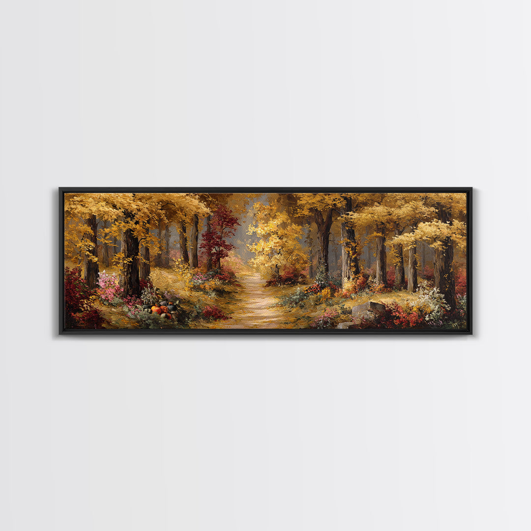 Autumn Forest Road Framed Canvas Print, Traditional Art, Minimalist Decor, Living Room Decor, Oil Painting, Classic, Boho, TRA-3x1-56