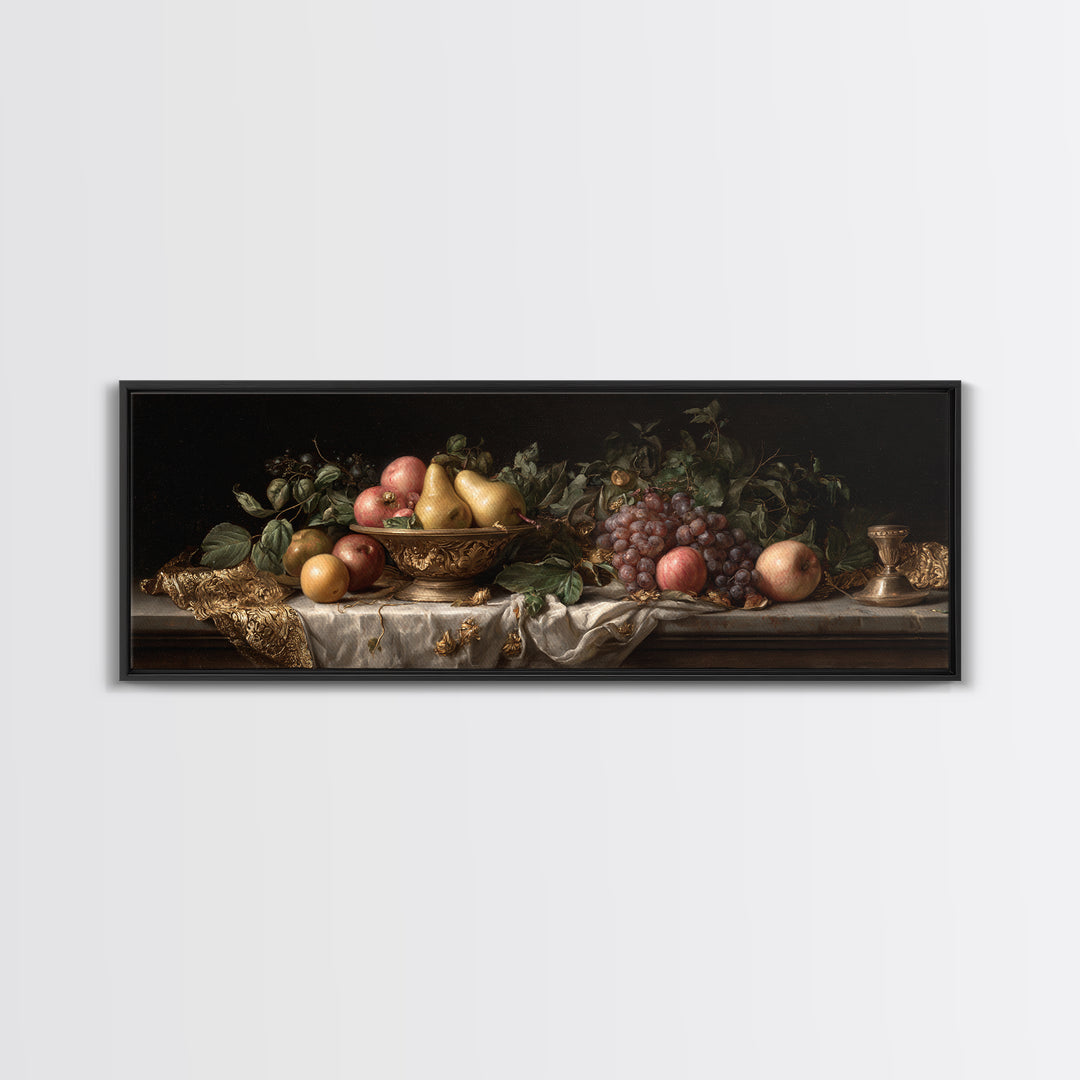 Basket of Apples and Pears on Linen Framed Canvas Print, Traditional Art, Art Commissions, Living Room Decor, Fine Art, Classic, TRA-3x1-58