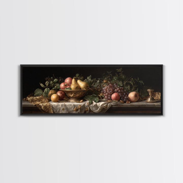 Basket of Apples and Pears on Linen Framed Canvas Print, Traditional Art, Art Commissions, Living Room Decor, Fine Art, Classic, TRA-3x1-58