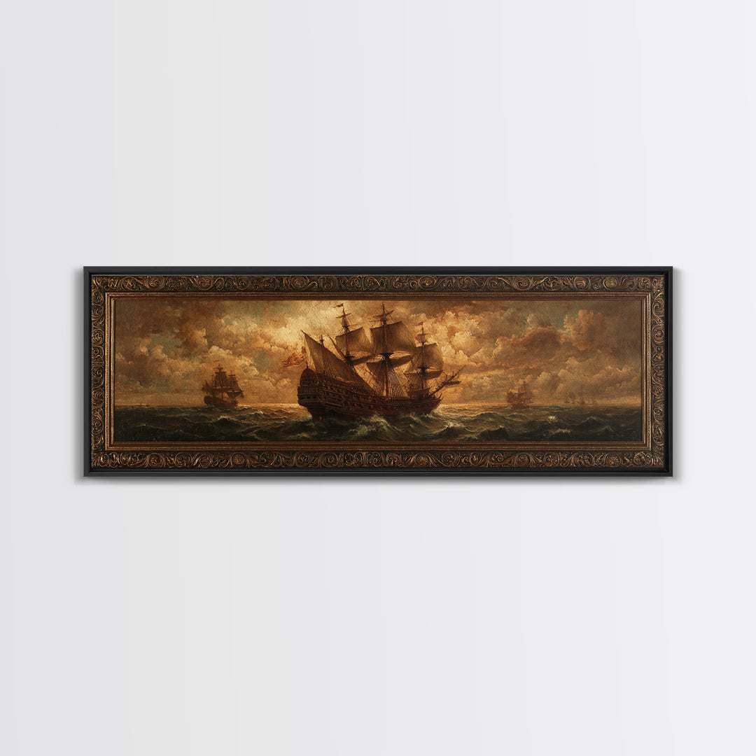 Ship at Sea Canvas Print, Traditional Art, Indian Decor, Living Room Decor, Fine Art, Classic, Luxury Decor, Textured Painting, TRA-3x1-6
