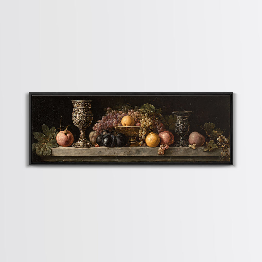 Dutch Fruit and Silver Goblet Still Life Framed Canvas Print, Traditional Art, Living Room Decor, Watercolor Art, Classic, TRA-3x1-68