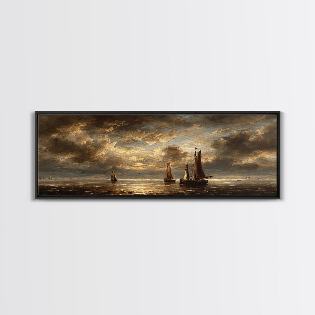 Seascape with Sailboats and Cloudy Sky Framed Canvas Print, Traditional Art, Gallery Decor, Living Room Decor, Classic, TRA-3x1-69